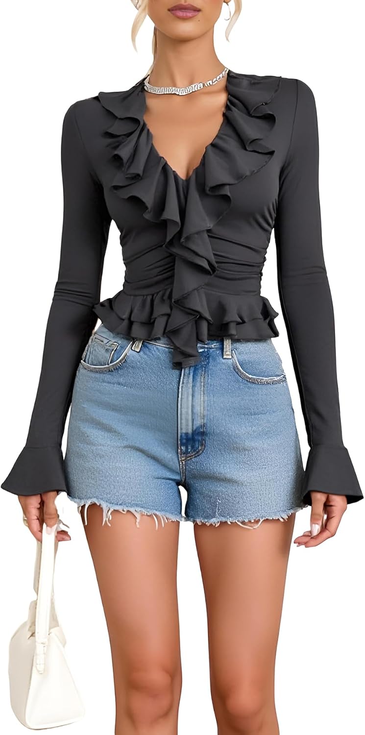Women's Ruffle Trim Ruched T Shirt Elegant Bell Long Sleeve V Neck Slim Fit Tops