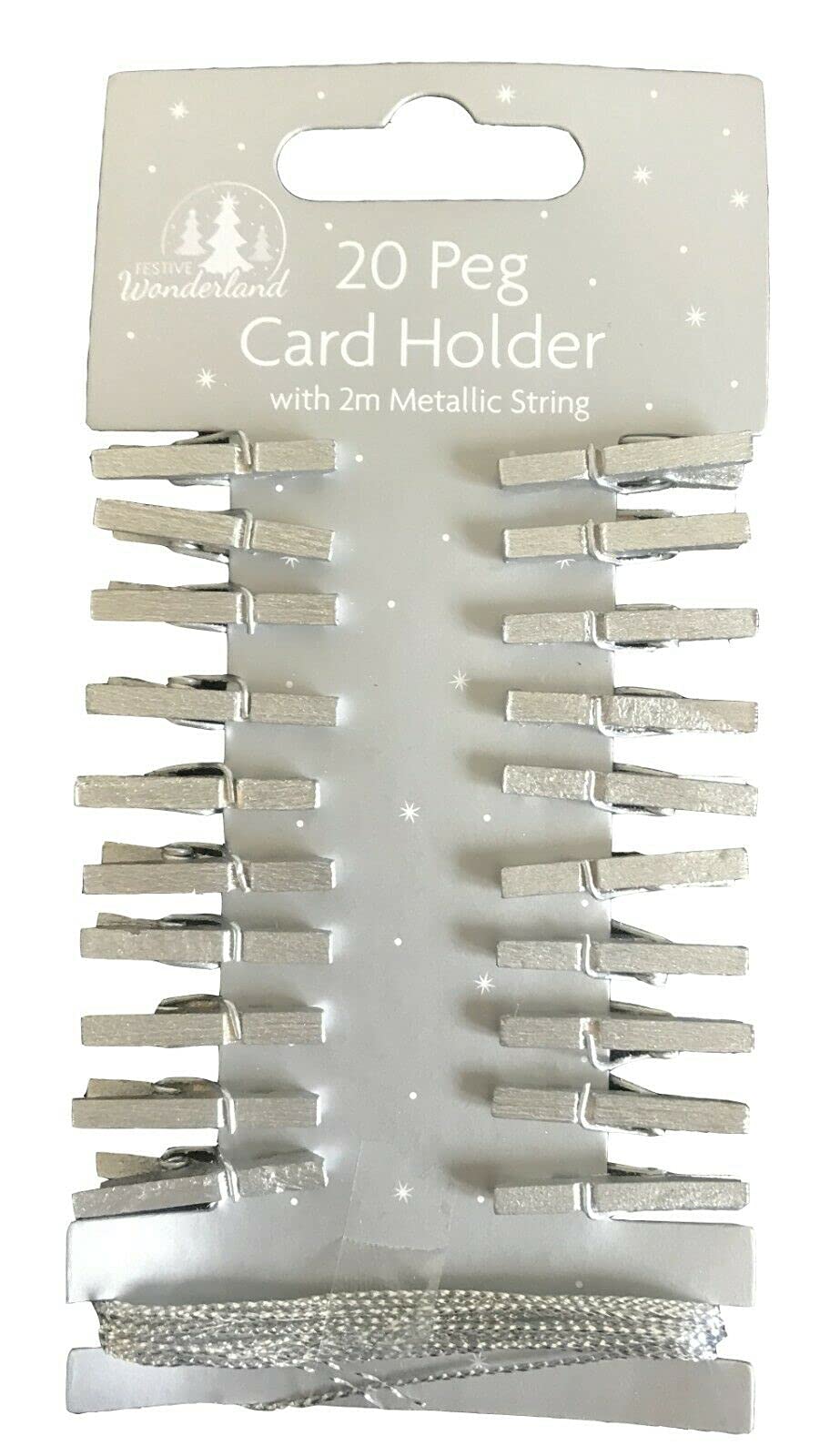 Tallon Silver International Pack Of 20 Wooden Peg Christmas Card Holders With Metallic String Festive Colours Card Decoration (Silver)