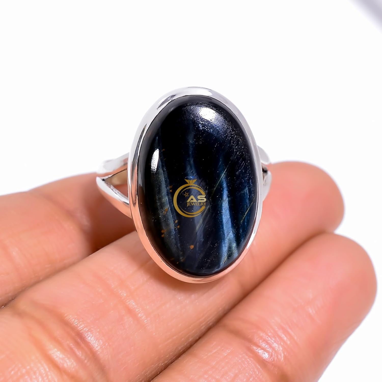 Dark Blue Tiger Eye Gemstone 925 Sterling Silver Handmade Statement Promise Ring Jewelry Gift for Her