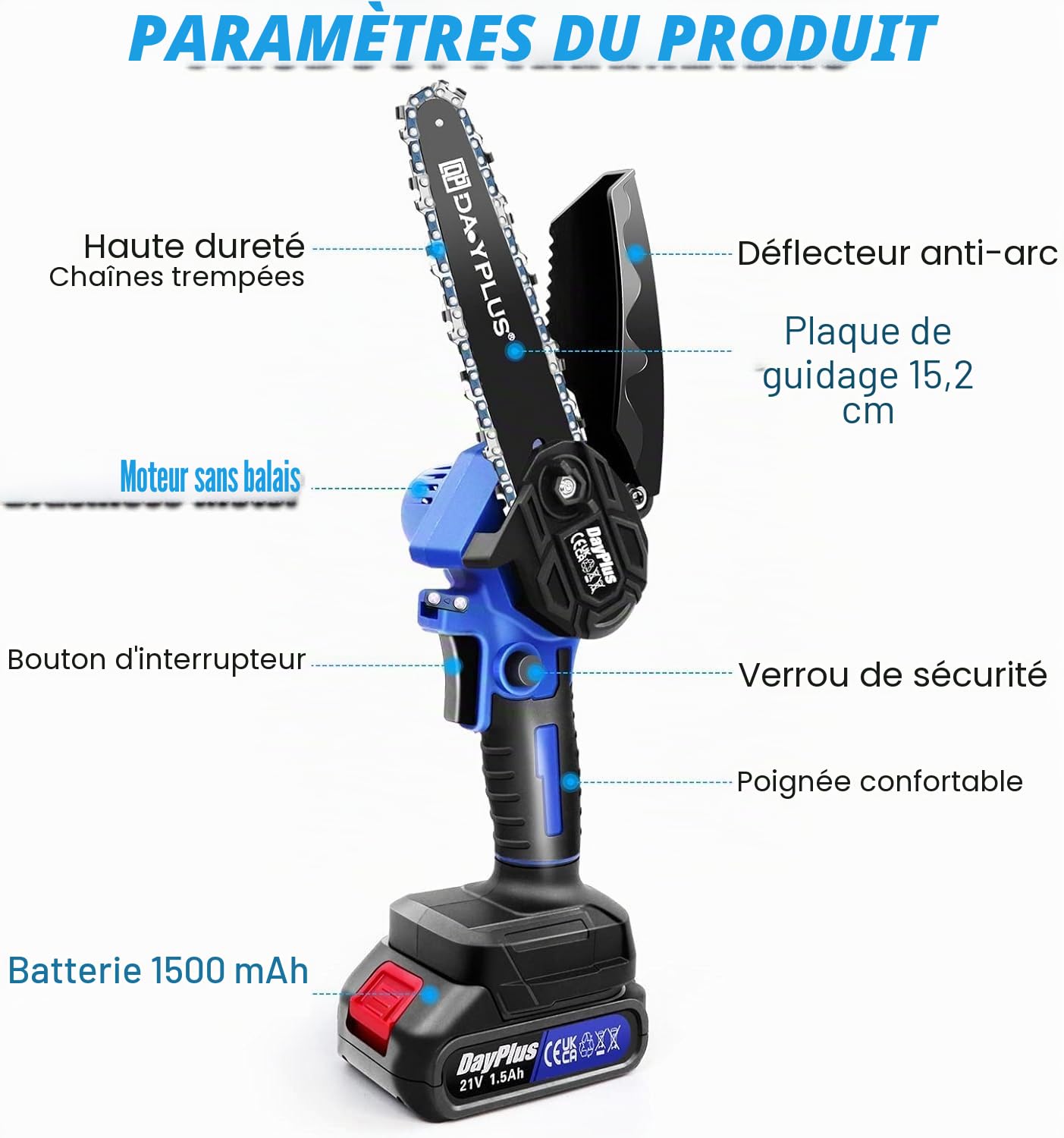 Tronçonneuse électrique super puissante et scie à bois à batterie avec aiguiseur - Outil de jardin avec une batterie Li-Ion et 2 chaînes, 2200W, longueur de la plaque de guidage de 15,2 cm