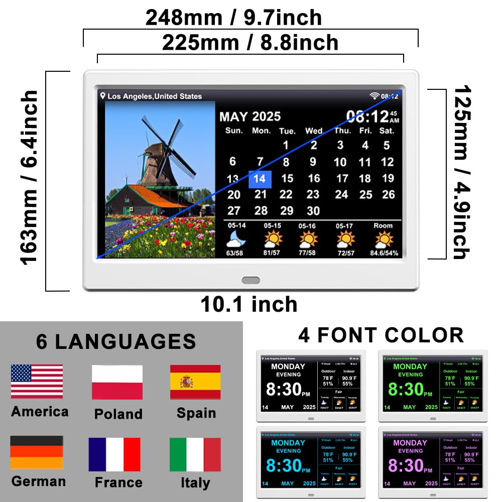 2025 Digital Clock with Auto Time Sync, Weather Forecast, Perpetual Calendar, Photo Frame, Temperature/Humidity Sensor & Custom Alarms - Large Display (White, 10.1 inch)