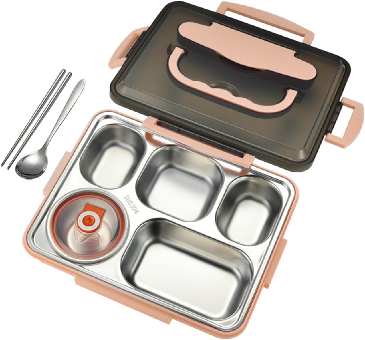 Stainless steel bento box, lunch box for kids and adults, 5 compartments with spoons and chopsticks, leak-proof food container, suitable for eating out, microwave safe (Pink)
