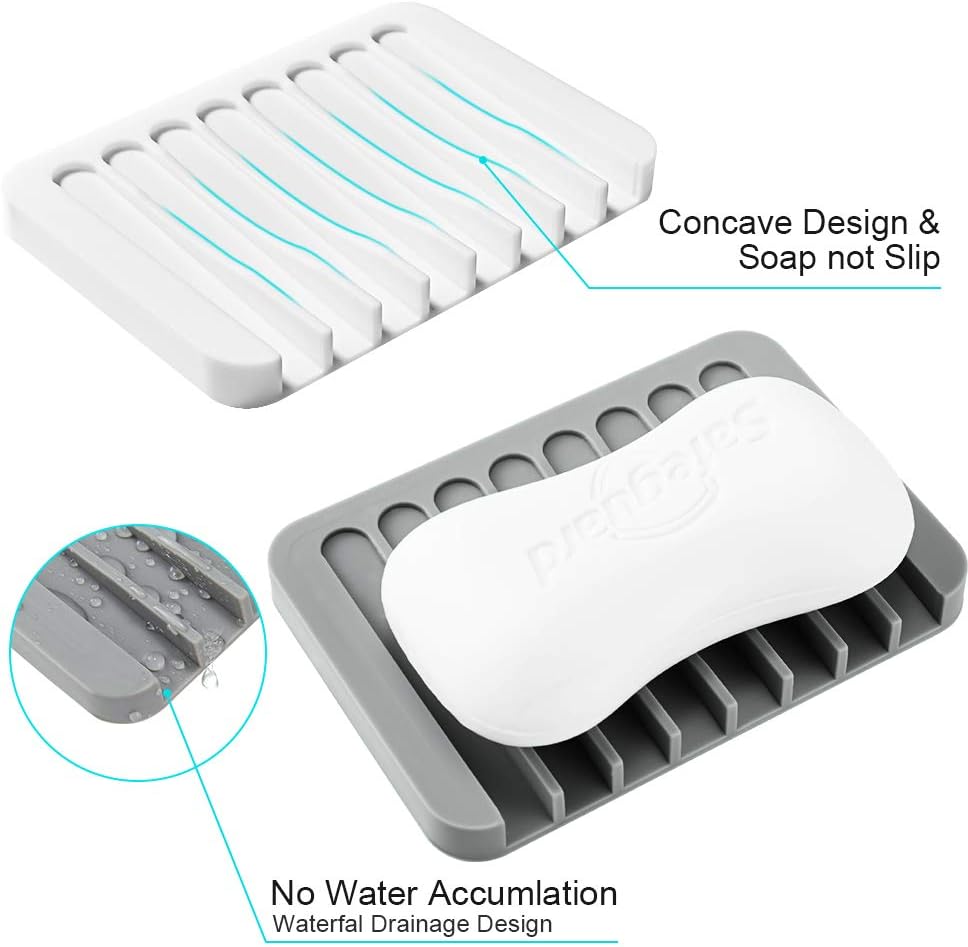 2PCS Soap Dish Holder, Premium Silicone Soap Dishes for Shower Bathroom Kitchen Sinks， Soap Tray Saver Drainer, Self-draining Waterfall, Non-Slip Design, Easy Cleaning (White, Gray) image 5