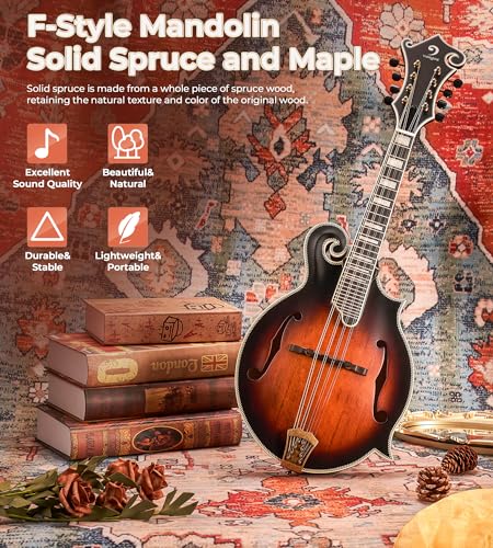 Image of Vangoa F-Style Mandolins Instrument, Solid Spruce and Maple, 29-Fret, Ebony Fingerboard and Bridge, 8 String Acoustic Mandolin, for Beginner Adults and the higher stages players, Classic Sunburst