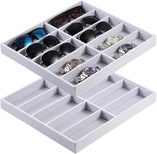 Homaisson 2 PCS Sunglasses Organizer Tray,10-Grid Velvet Sunglasses Organizer Tray, Watches Jewelry Display Box, Glasses Organizer Tray, sunglass organizer drawer, Vanities (14.2 x 12.6 inches)