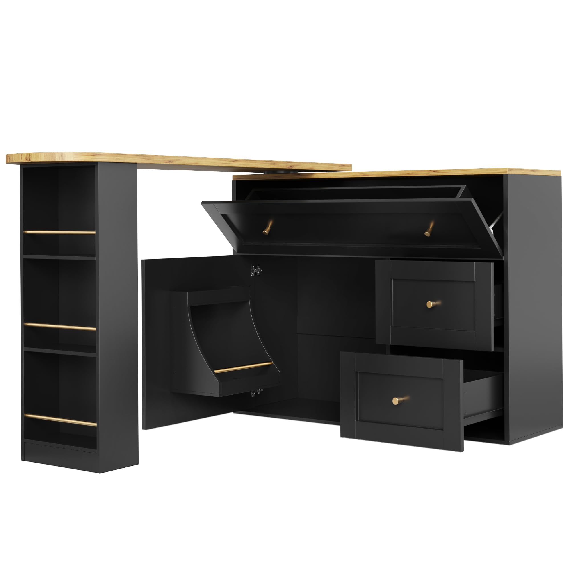 Dolamaní Ausziehbarer Bartisch mit Stauraum 138(204)×39×105 cm, Kücheninsel mit Snackregal, Teleskopischer Bartisch mit mit 360-Klappbarer Arbeitsplatte (Schwarz)
