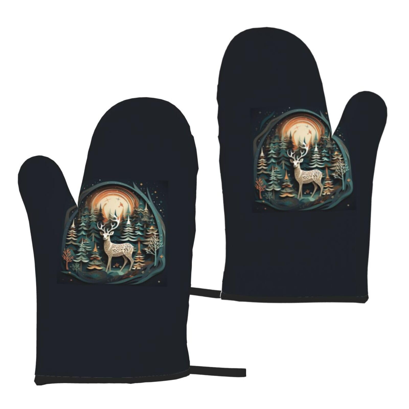 Christmas Deer Print Heat Resistant Universal Fit Oven Microwave Gloves Home Cooking Baking Grilling