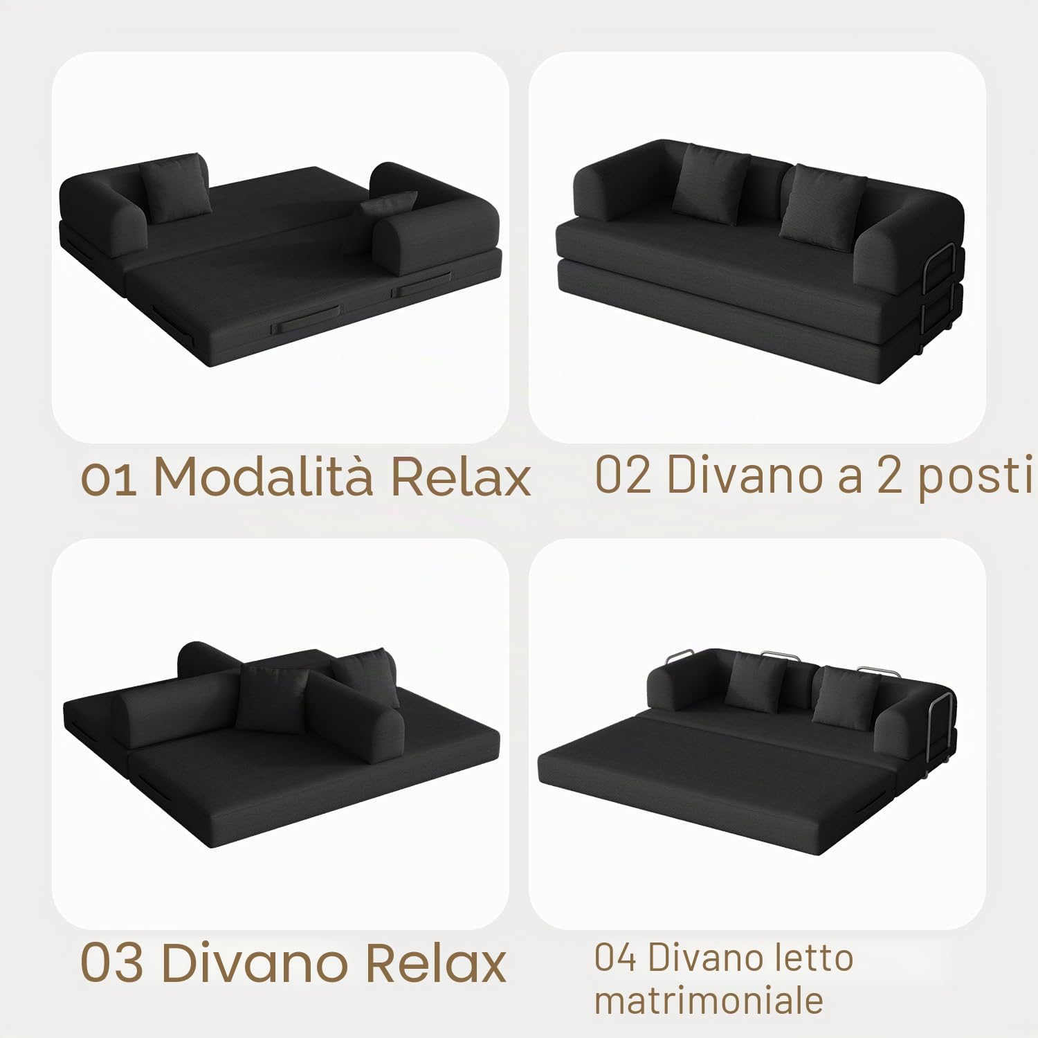 Xbro Divano Letto Matrimoniale 2 Posti Convertibile, Divano Modulare Salvaspazio con Struttura in Metallo e Schiuma ad Alta Resilienza, per Soggiorno Monolocale e Ospiti, 200 x 190 cm