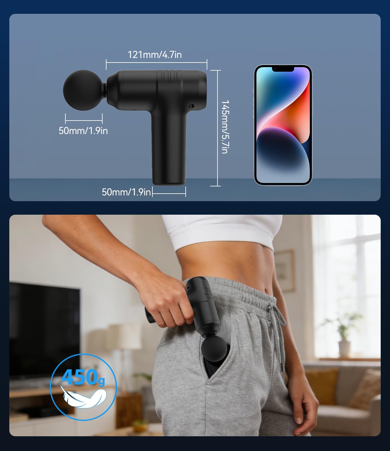 Mini Massagepistole Faszienpistole Mini Massagegerät Massage gun, 30 Stufen & 12mm Amplitude, 450g Leicht & <40dB, Touchscreen, 4 Aufsätze, USB-C, Tiefenmassage für Muskeln