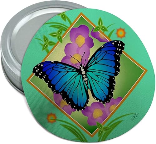 Abridor de tapa antideslizante redondo de goma con diseño de flores moradas de mariposa azul