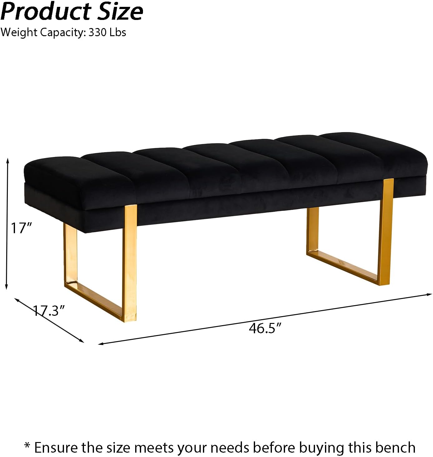 Velvet Ottoman Bedroom Bench, 46.5" Tufted Padded End of Bed Bench with Gold Legs, Upholstered Shoe Bench for Living Room Entryway Window (Black, 46" Wide)