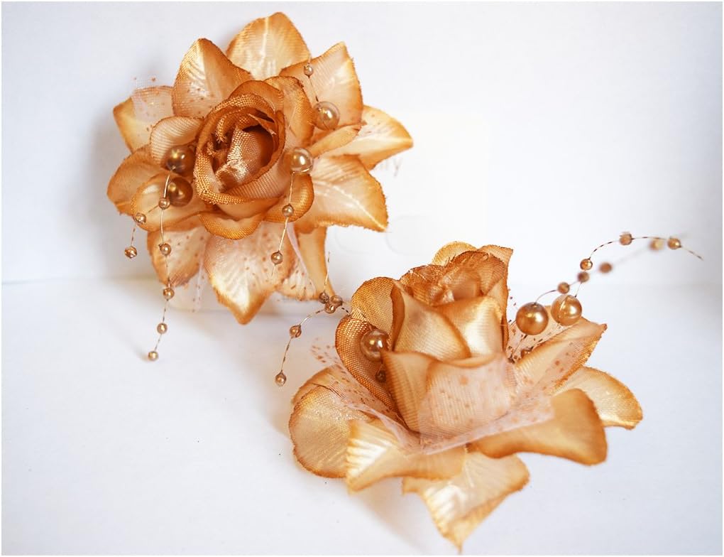 Set of 2 Decorative Golden Flower Hair Clips (Roses) with Lace & Pearl Finish