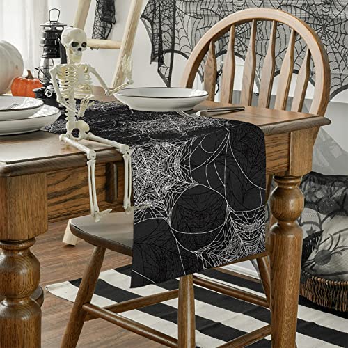 Procida Halloween Spider Web Table Runner Fall Black Burlap Table Runners Autumn Rustic Kitchen Dinning Decor For Holiday Home Party Indoor Outdoor 13X72 Inch #TOP2