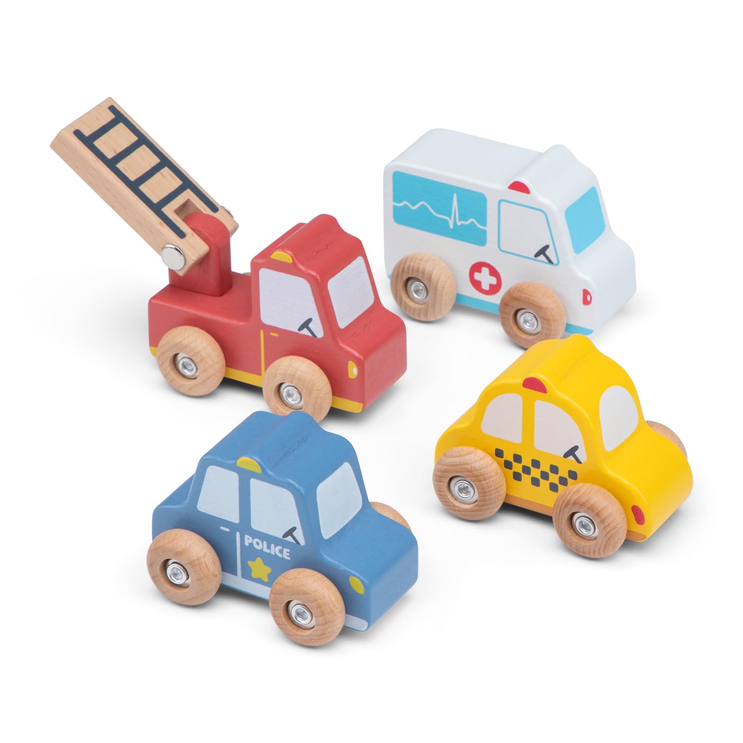 Woet® Wooden Toy Vehicle Set with Fire Engine, Ambulance, Police Car & Taxi