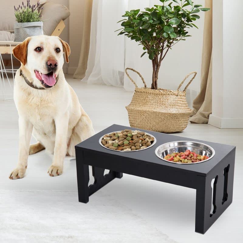 AR SABRI SHOPEE Arif RaoElevated Dog Bowls,Raised Dog Bowl Stand with 2 Stainless Steel Bowls (Material M d F Wood Stand) Colour Black