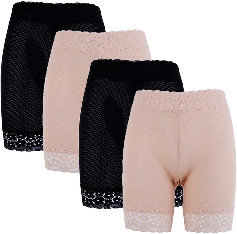 Olgaa 4 Pack Lace Shorts High Waist Slip Shorts Yoga Shorts Underwear Stretch Women's Comfortable Smooth Shorts Under Dresses for Women Girls(2 Black+2 Beige)