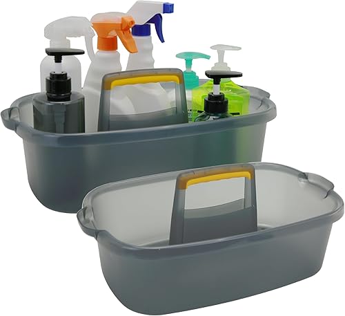 Organizador de limpieza con asa, cesta de almacenamiento portátil para suministros de baño, productos de limpieza y herramienta de fregadero (gris