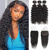 10A Human Hair Bundles with Closure 100% Unprocessed Deep Wave Bundles(14 16 18+12) 3 Bundles Human