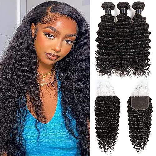 10A Human Hair Bundles With Closure 100% Unprocessed Deep Wave Bundles(14 16 18+12) 3 Bundles Human Hair With 4X4 Free Part Lace Frontal For Black Women Natural Color #TOP12