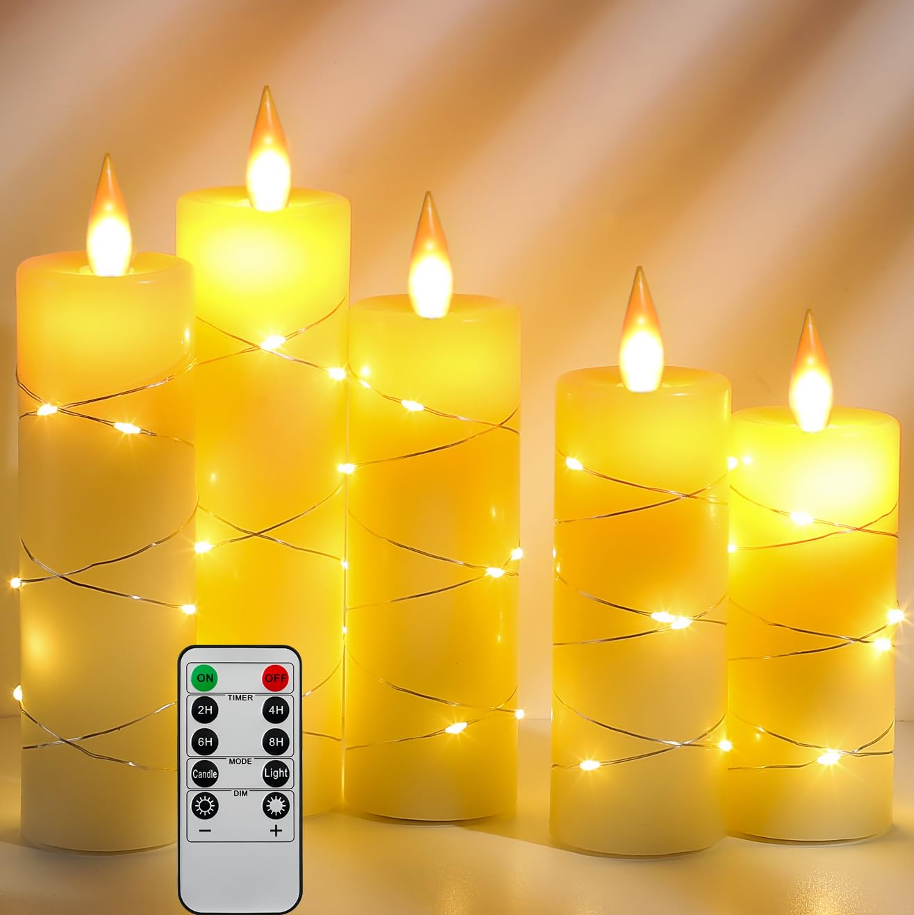Da by Candele LED, luci a corda incorporate, candele LED in 5 pezzi, con telecomando a 10 tasti, funzione timer 24 ore, fiamma danzante, cera reale, alimentazione a batteria