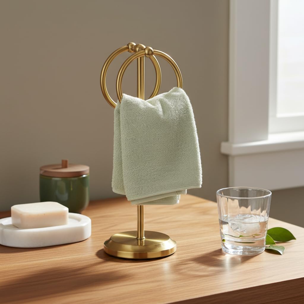 J&V TEXTILES Steel Towel Rack Holder Stand with 2 Hanging Rings for Bathroom Vanity Countertops - Space Saving Hand Towel Holder (Aged Brass)