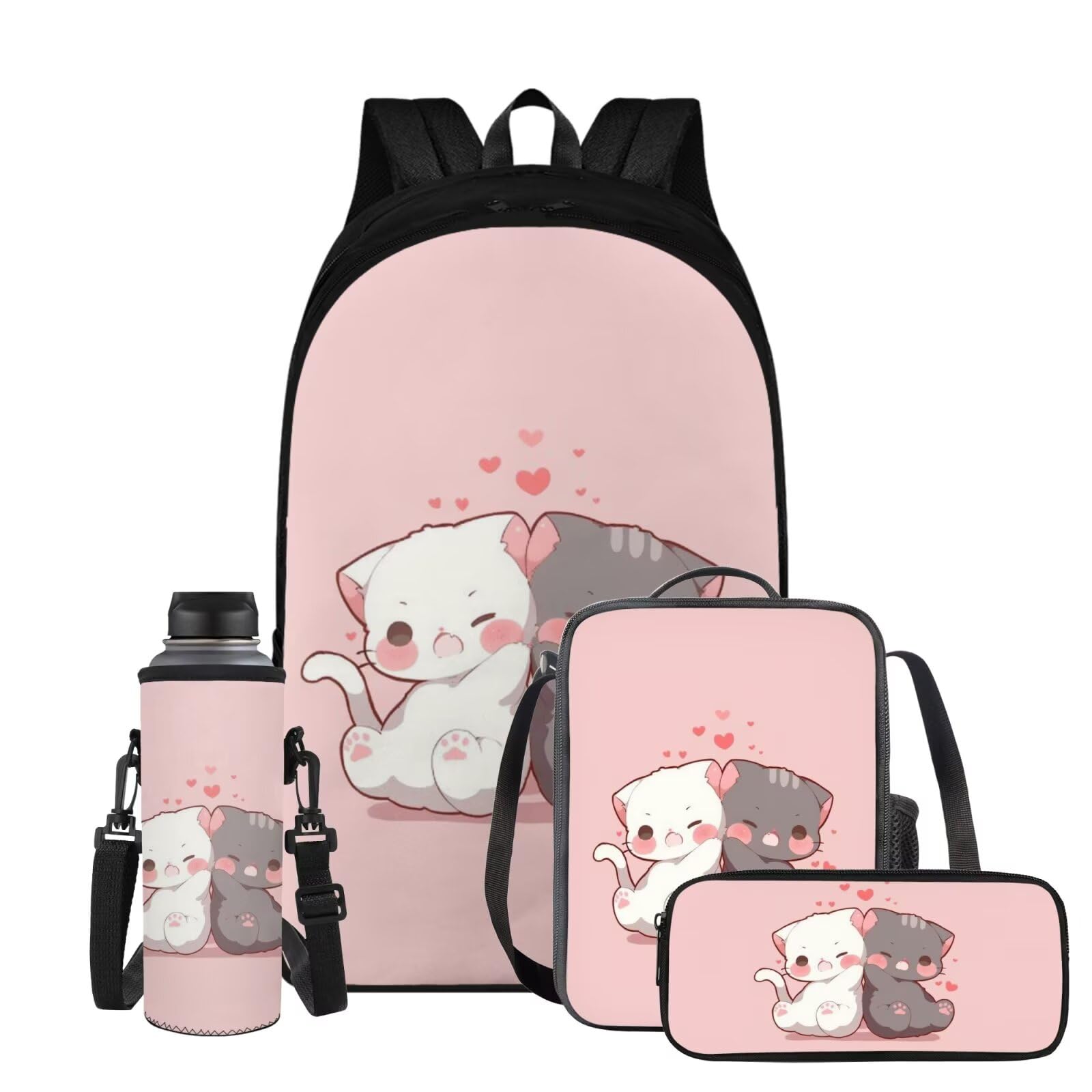 Wiryuouvt Cute Cat Backpack for Girls Boys Backpack with Lunch Box Water Bottle Pouch and Zipper Pencil Case 4PCS Set Bookbag with Pockets for School