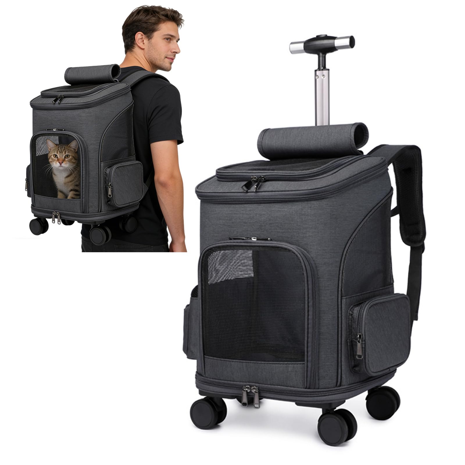 PETCUTE Cat Carrier Backpack with Wheels, 3-in-1 Pet Carrier Backpack with Removable Mat,Foldable Pet Travel Stroller with Breathable Mesh,Collapsible Dog Travel Bag for Small & Medium Pets,Dark Grey