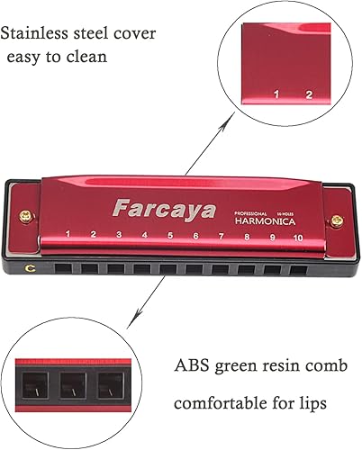 Miniatura 8 de Farcaya Armónica para niños, estudiantes, principiantes, adultos, arpa azul, diatónico, tecla C, 10 agujeros, 20 tonos, órgano de boca de metal con