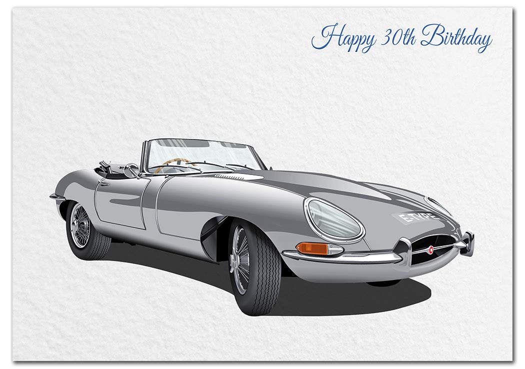 Extra Large 30th Birthday Card for Men - XL Big thick A4 size - Special Age Year - Cool Classic E-Type Jag Car Driver Art - Traditional Greeting Him Male - Huge Happy Wishes - UK Eco-Friendly — image 1