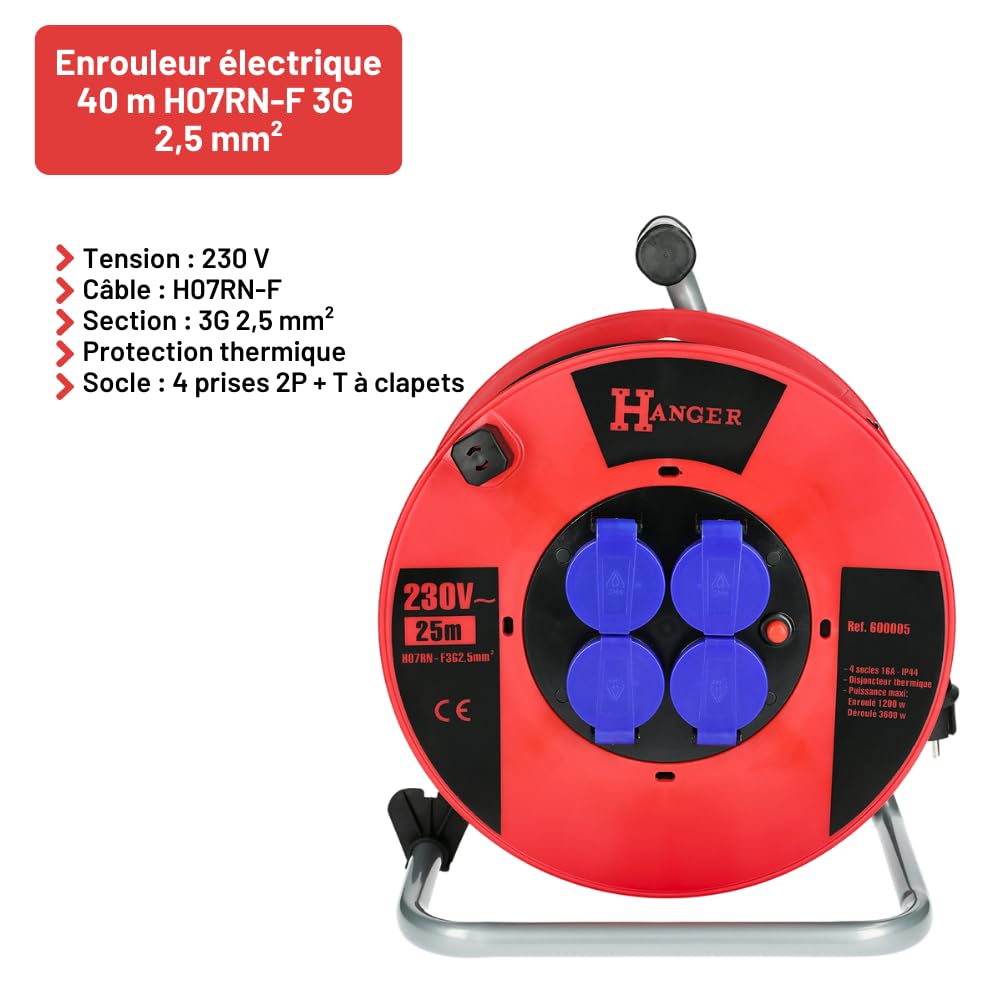 Enrouleur électrique 40m H07RN-F 3G 2,5mm2 - HANGER - 600006