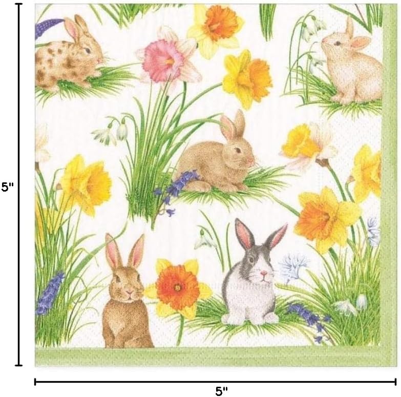 Caspari Bunnies and Daffodils Paper Cocktail Napkins, 20 Per Package