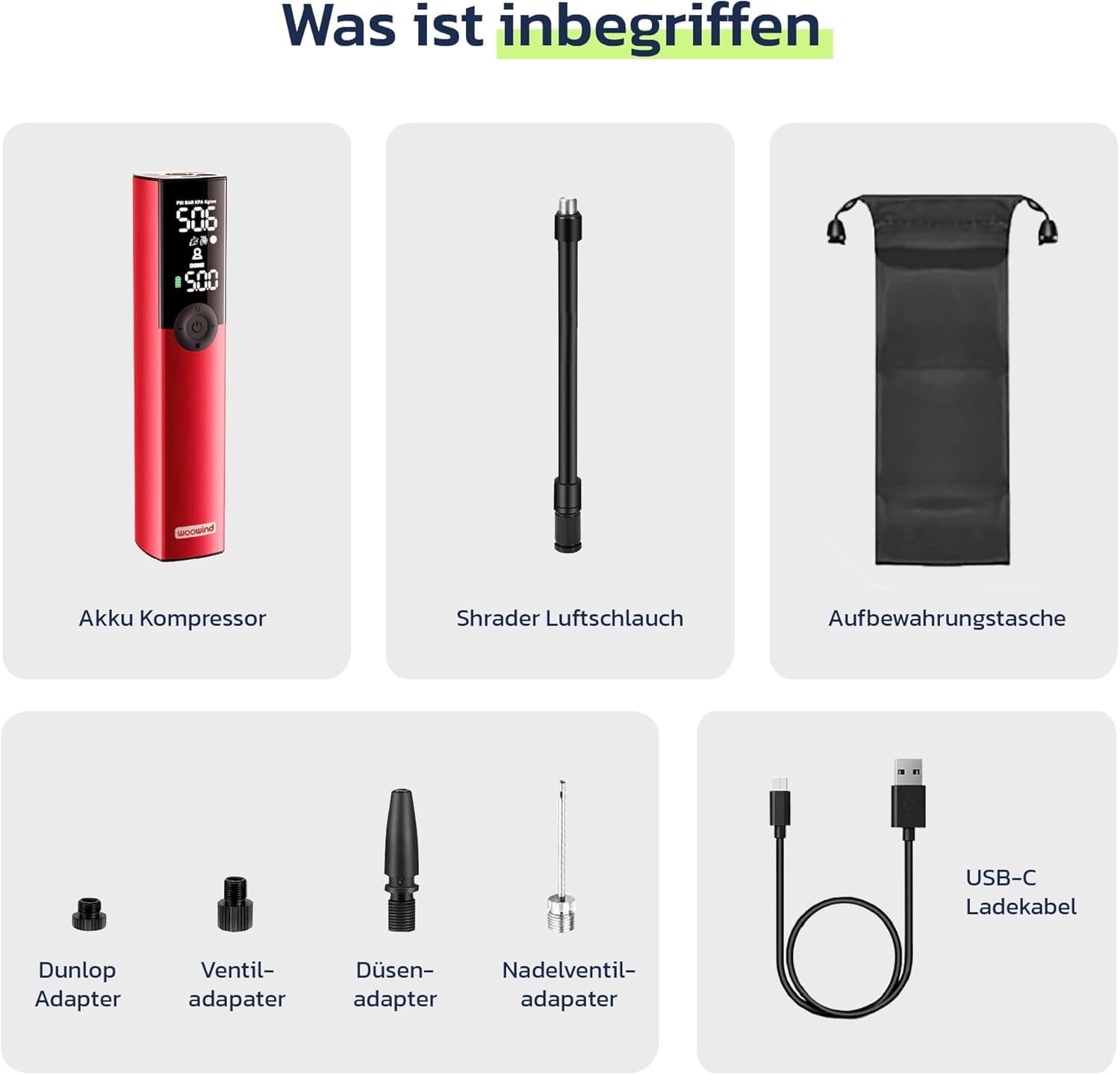 Woowind BP188 Elektrische Fahrradpumpe, Akku Luftpumpe 120-150PSI, Akku Kompressor für Auto, Fahrrad, Motorrad, Elektrische Pumpe Kompatibel mit Allen Ventilen