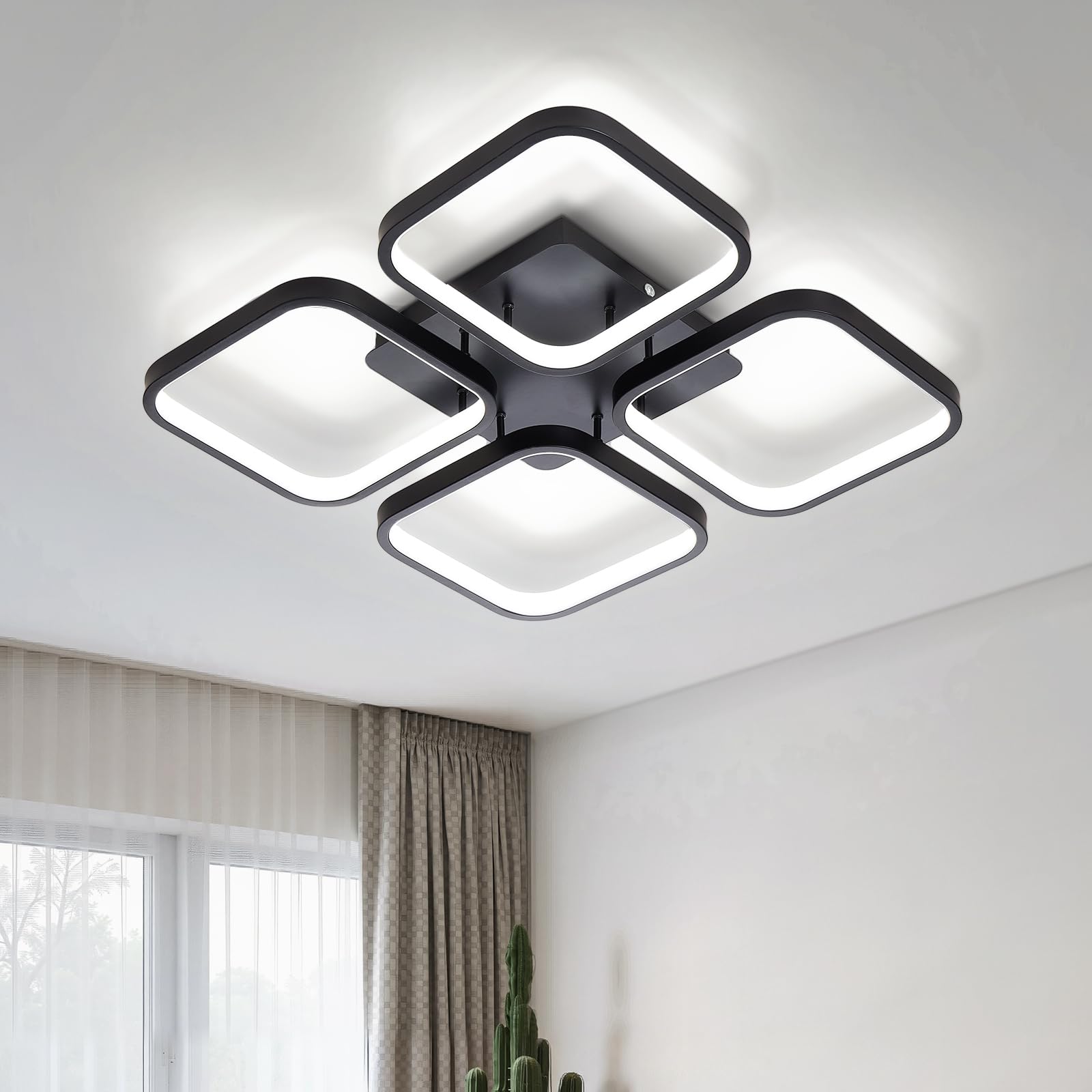 Warmiehomy Modern LED Ceiling Lamp,60W LED Ceiling Lighting Fixtures,43CM Square 4 Lights Black Ceiling Lights with 6500K Cool White Light for Bedrooms