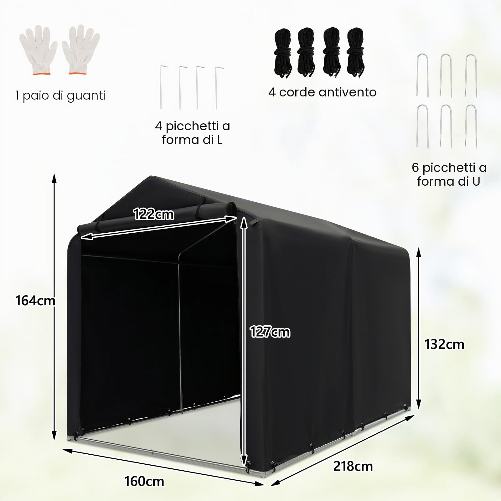 SOARS Capanno da Giardino 218 X 160 X 164 CM, Tenda Garage per Bici Moto Attrezzi, con Copertura en PE Impermeabile, Porta con Cerniera, Telaio in Metallo, Picchetti, per Esterno (Grigio Scuro)