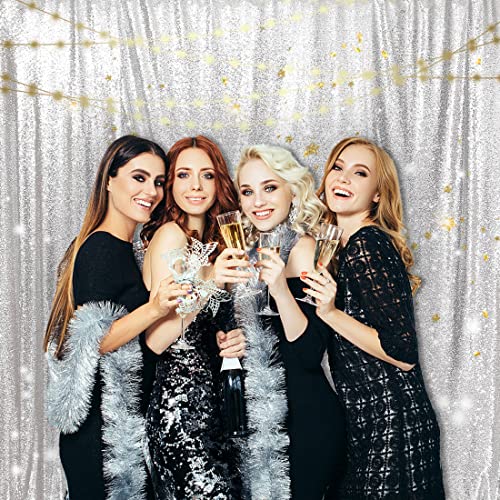 Image of PartyDelight Silver Sequin Backdrop 10x10ft 4 Inch Rod Pocket | 3mm stitched silver sequins on mesh backing with 4 inch rod pocket for large wedding walls group photos stages and reception