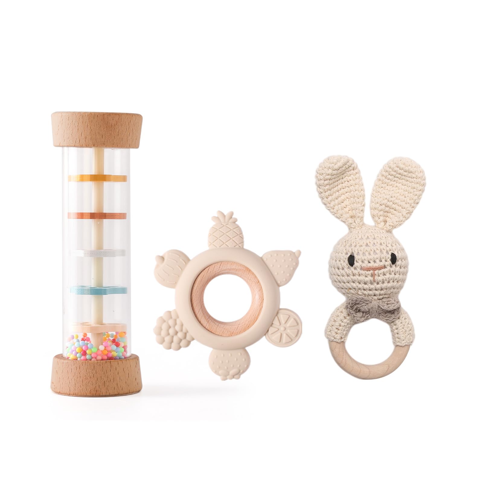 Hochets Bébé 0-3-6-9 Mois - 3 Pièces Set Hochets et Anneau de Dentition avec Hochet en Crocheté et Jouet en Bois, Jouet Montessori 0-12 Mois Cadeau Nouveau-Né (Beige + tube sonore de pluie)