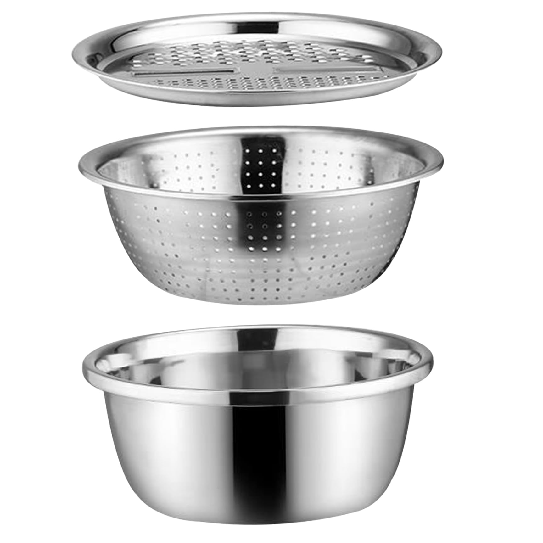 AwnsIMfreien Multifunctional Stainless Steel Basin 3Pcs, 3 In 1 Stainless Steel Basin, Colander and Grater, Drain with Mixing Bowl ＆ Slicer for Cooking, Colander Strainer