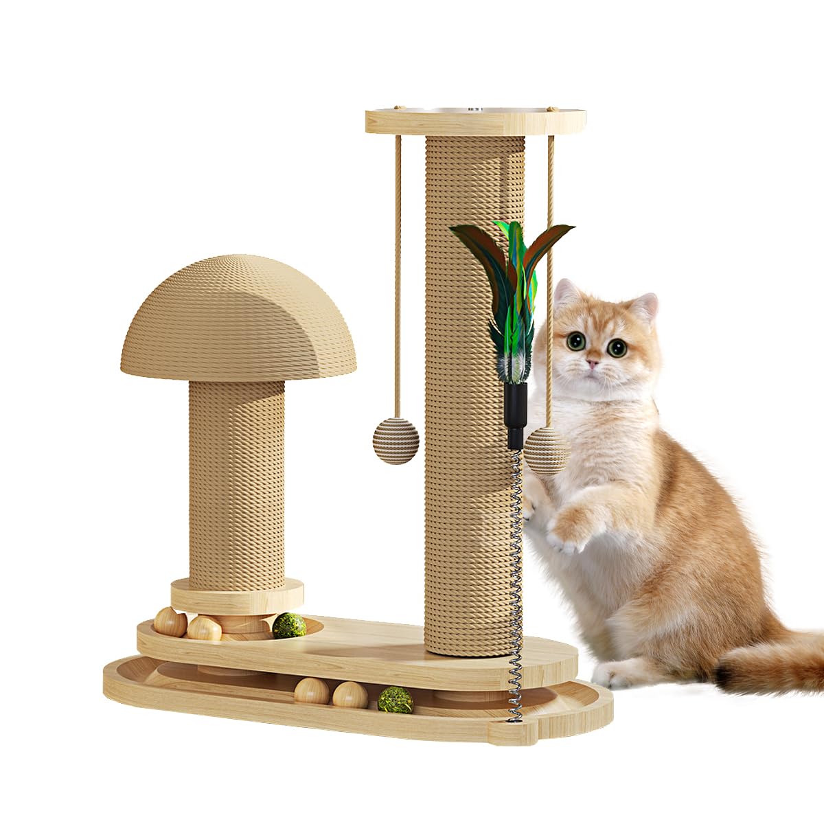 Cat Scratching Post, 4 in 1 Wooden Cat Scratcher Toy Scratch Post with 2 Level Cat Track Balls, Interactive Cat Feather Toy and 2 Sisal Hanging Balls for Indoor Kittens, Small Cats