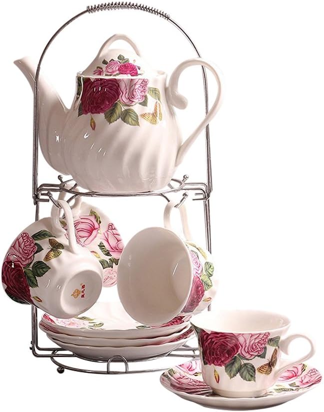White and Red Rose Flower 9 Piece European-Style Ceramic Tea Set Tea Service Coffee Set