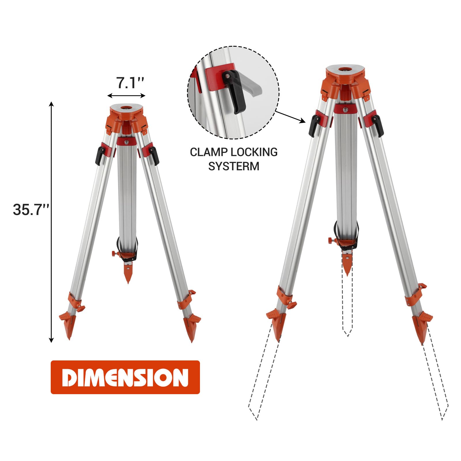 Garvee Trépied de nivellement professionnel en aluminium robuste – Tête plate filetée 5/8"-11 – Hauteur réglable 97 à 152 cm – Idéal pour niveaux laser et théodolites – Facile à transporter