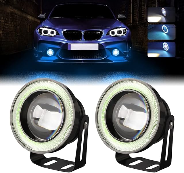 Chemini 2 X 3" LED Fog Light Bulb 12V 10W 6000K Daytime Running Light with Ice Blue Angel Eye Replace for Car Fog Lights Moto Headlight DRL Driving Lamp