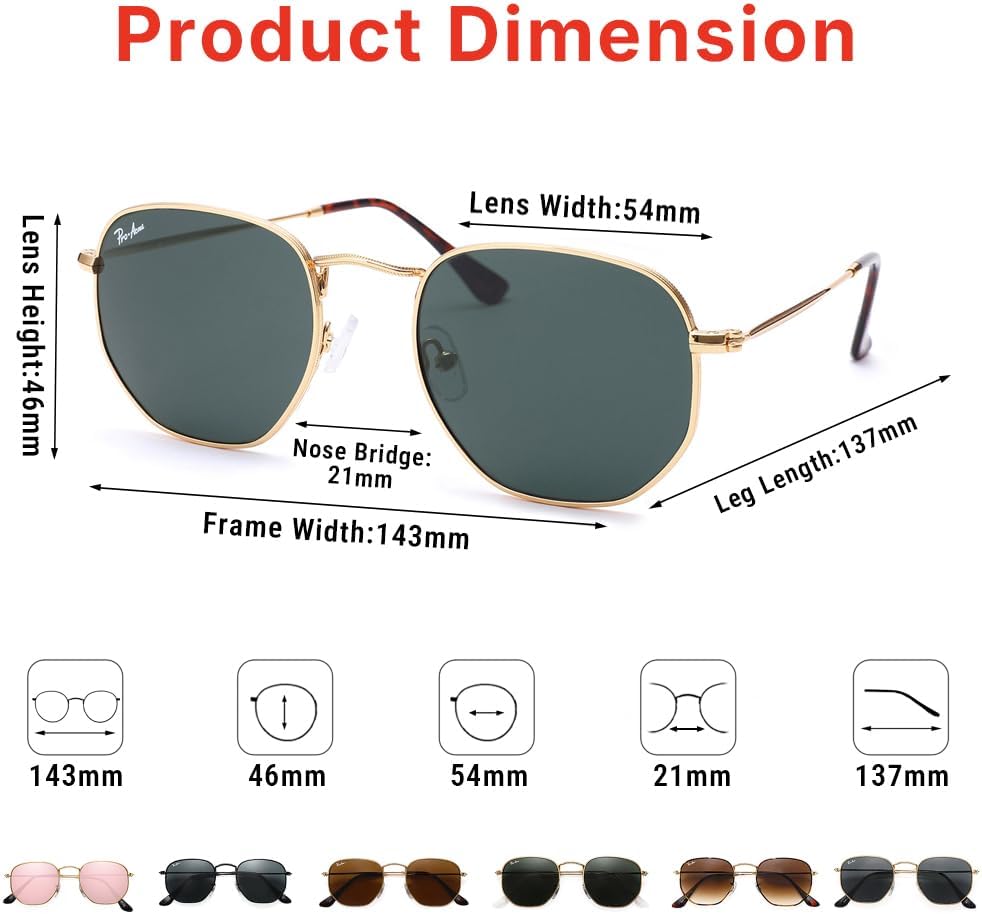 Pro Acme Small Square Sunglasses for Women Men 100% Real Glass Lens Hexagonal Frame - Image 5