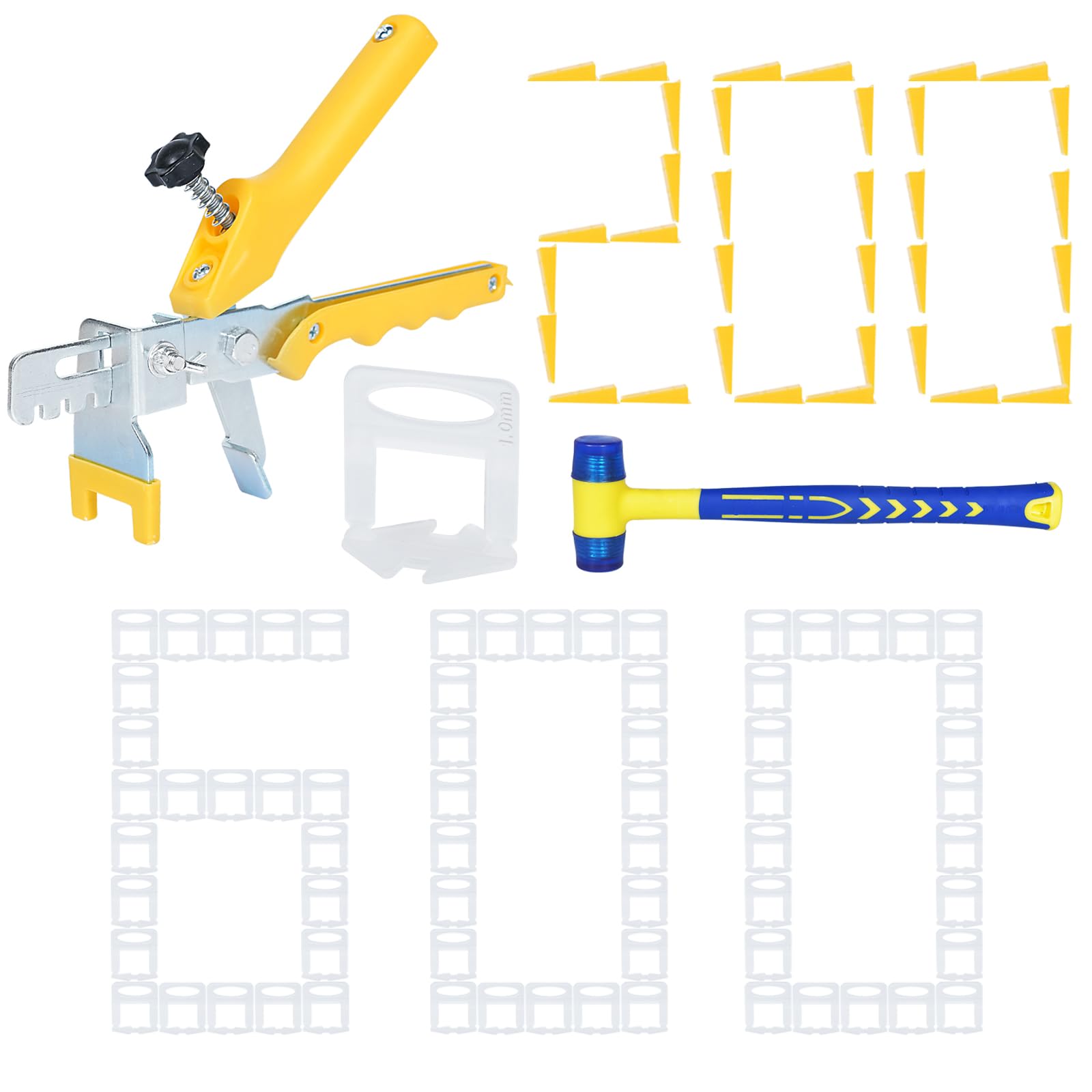 Set migliorato per livellamento piastrelle 1 mm – 600 distanziatori, 200 cunei riutilizzabili e pinza per piastrelle per posa in bagno e soggiorno (1 mm, 200 + 600 + pinza)