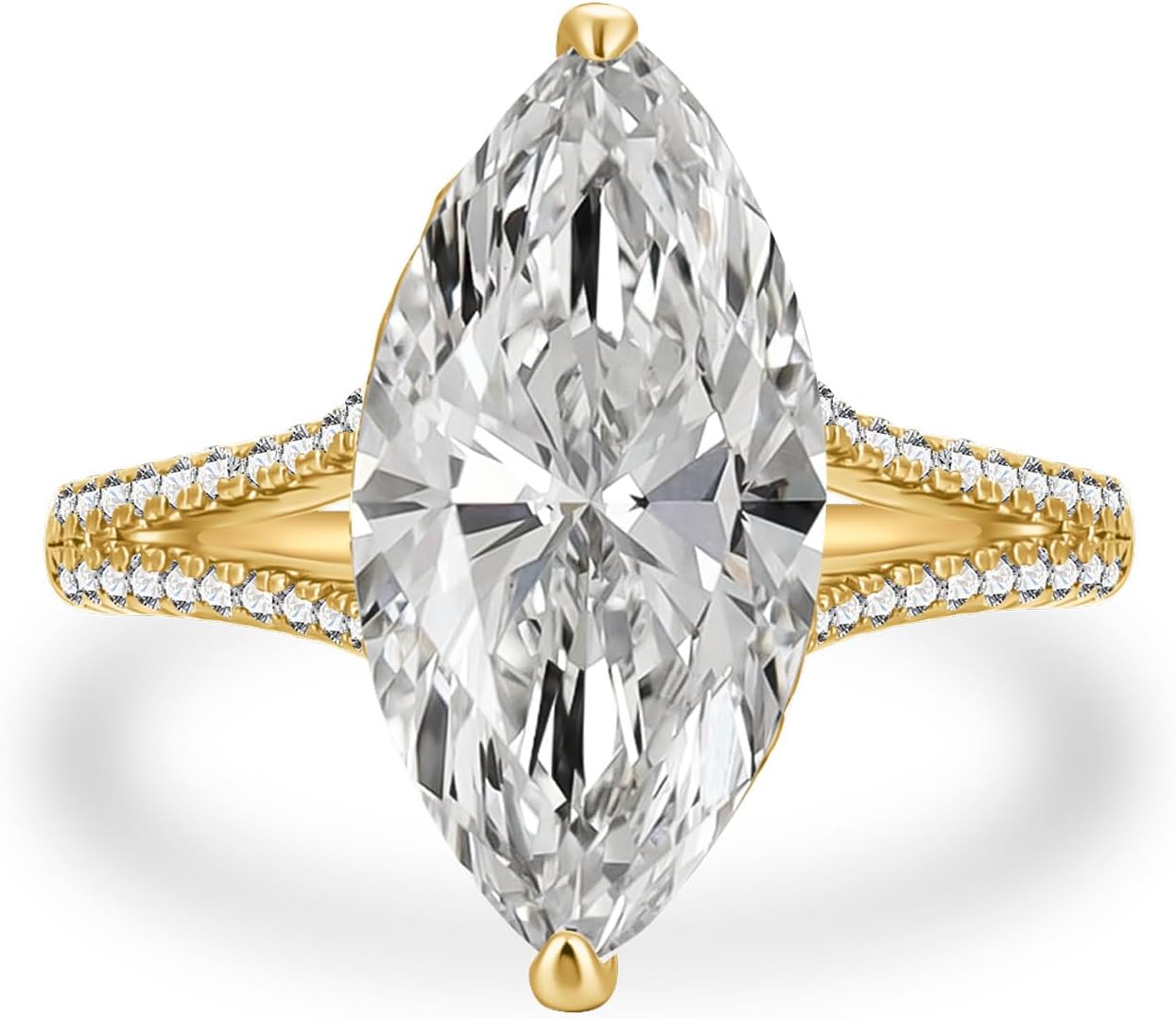 4.5 Carat Marquise Cut Golden Engagement Ring for Women, S925 Sterling Silver Split Shank 5A Cubic Zirconia Simulated Diamond Ring for Party, Wedding