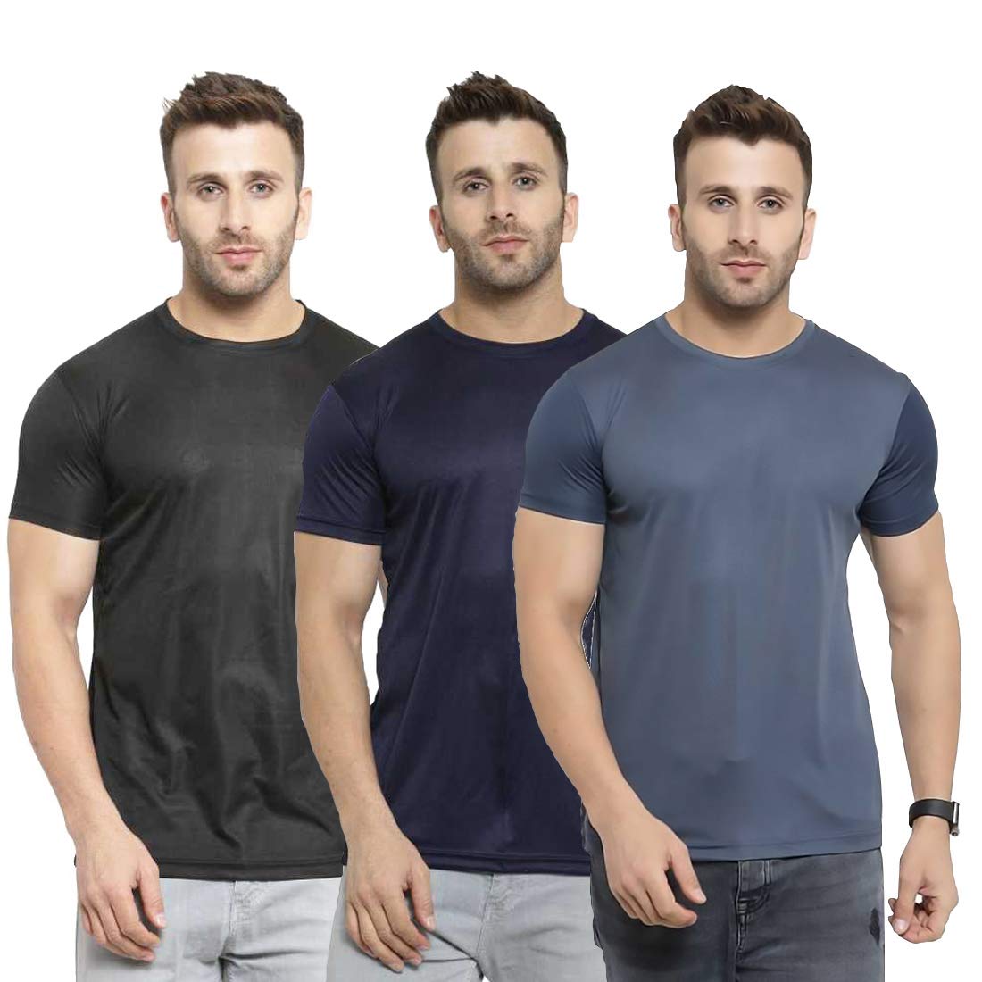 Men Dri Fit Polyester Half Sleeve Round Neck Multicolor T-Shirts - Pack of 3