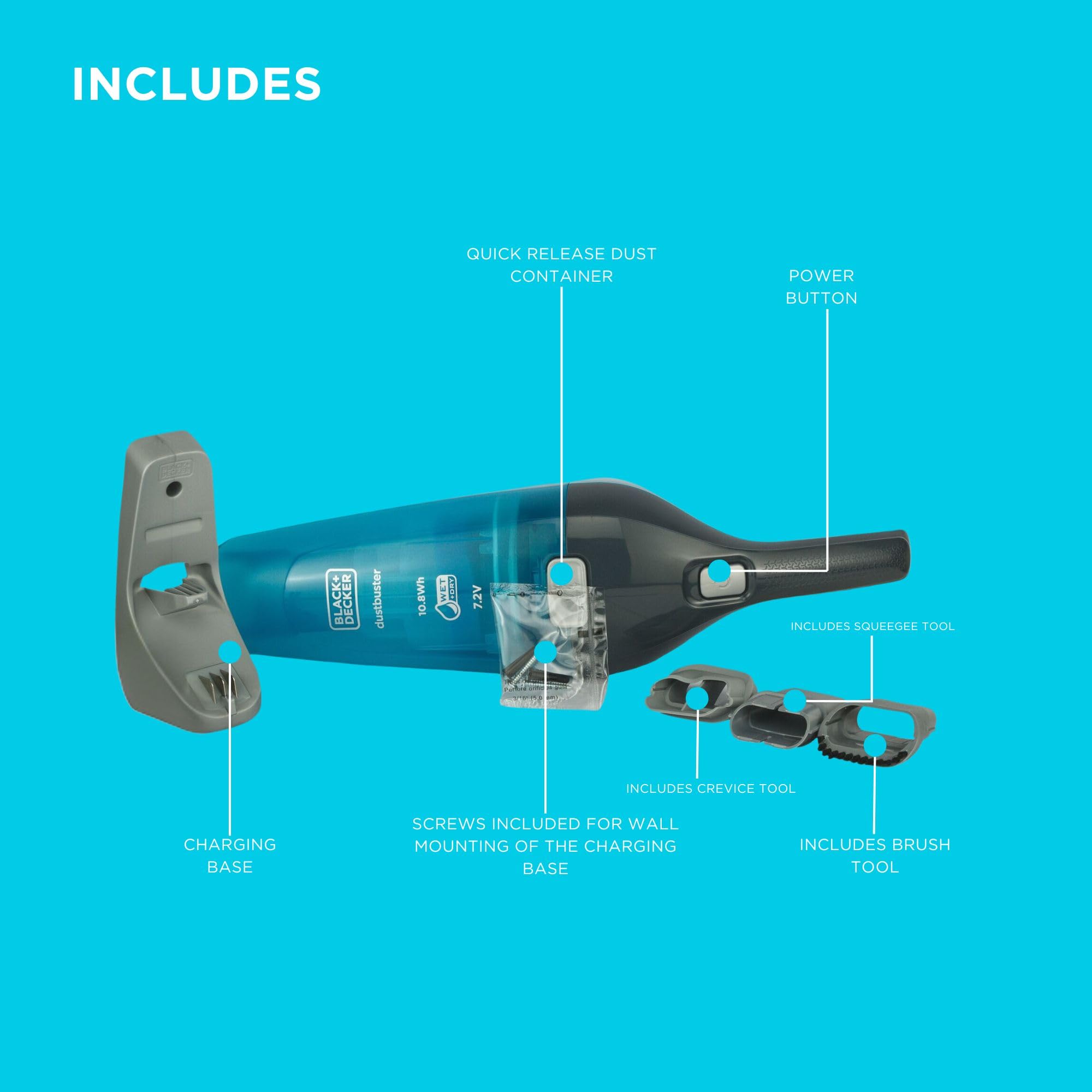 Black+Decker Aspiradora de mano inalámbrica de 7,2 V para polvo húmedo y seco + accesorios
