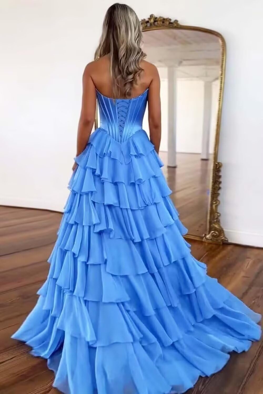 Strapless Tiered Prom Dress Long Ball Gown Satin Ruffle Chiffon Sweeetheart Corset Formal Evening Gowns with Slit