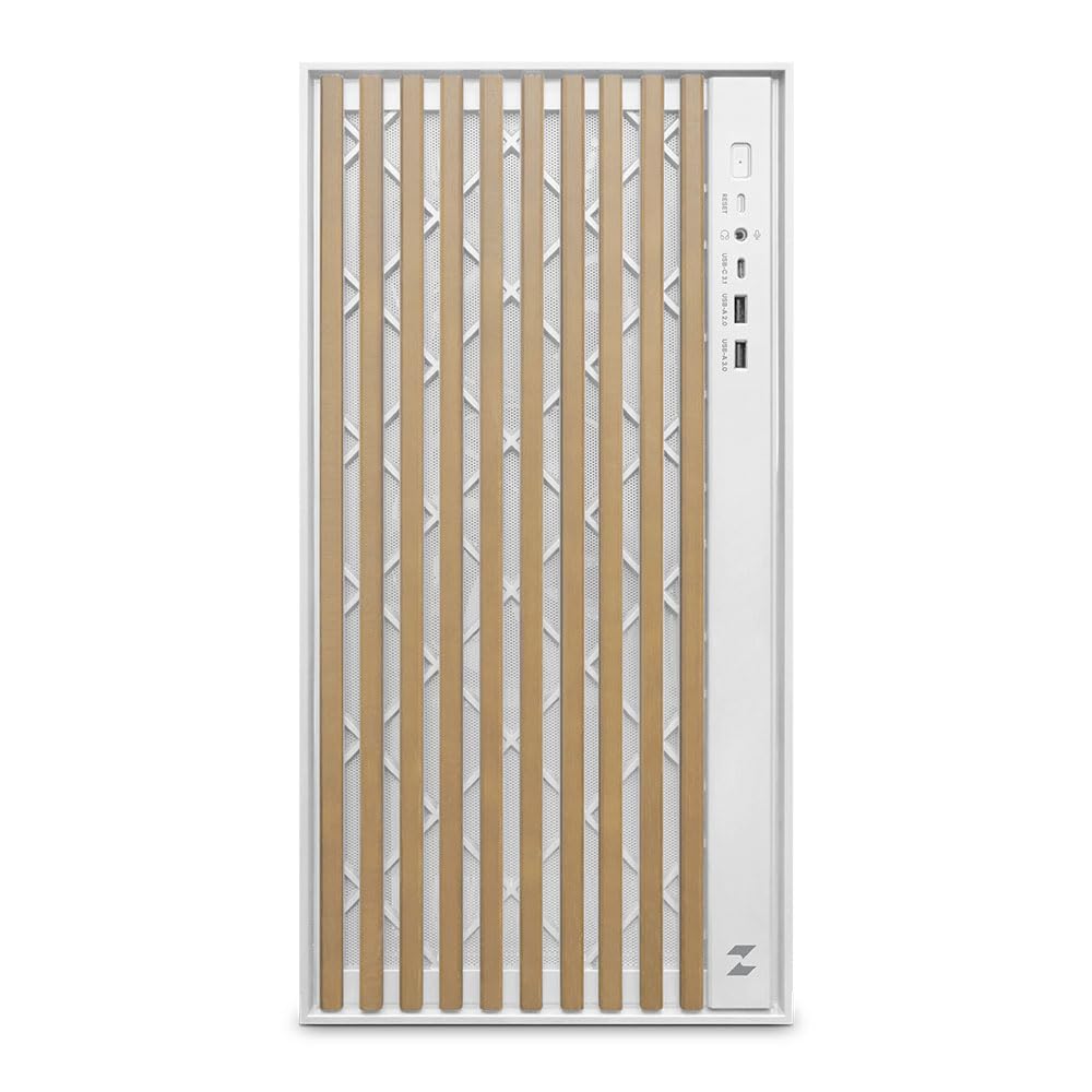 Zolyd Dynaria - Caja ATX con Panel Frontal de Madera, Cristal Templado, Ventilación Optimizada, 3 Ventiladores incluidos, Compatible con Refrigeración Líquida hasta 390mm, USB 3.0, Color Blanco