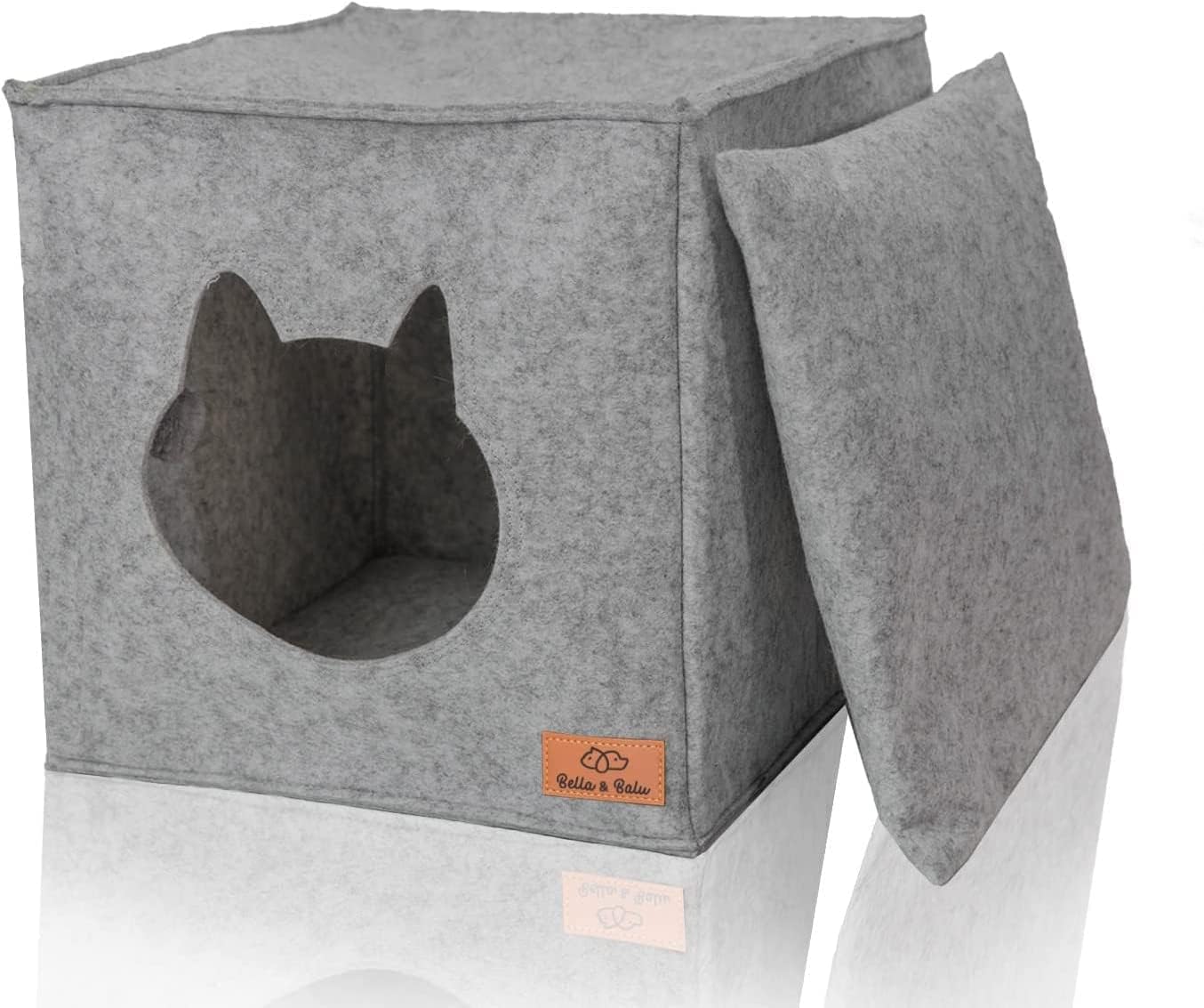 Bella & Balu Cat Cave incl. Pillow + Toy – Foldable Cat Bed Cave for Sleeping, Hiding, Playing and Scratching (light grey)