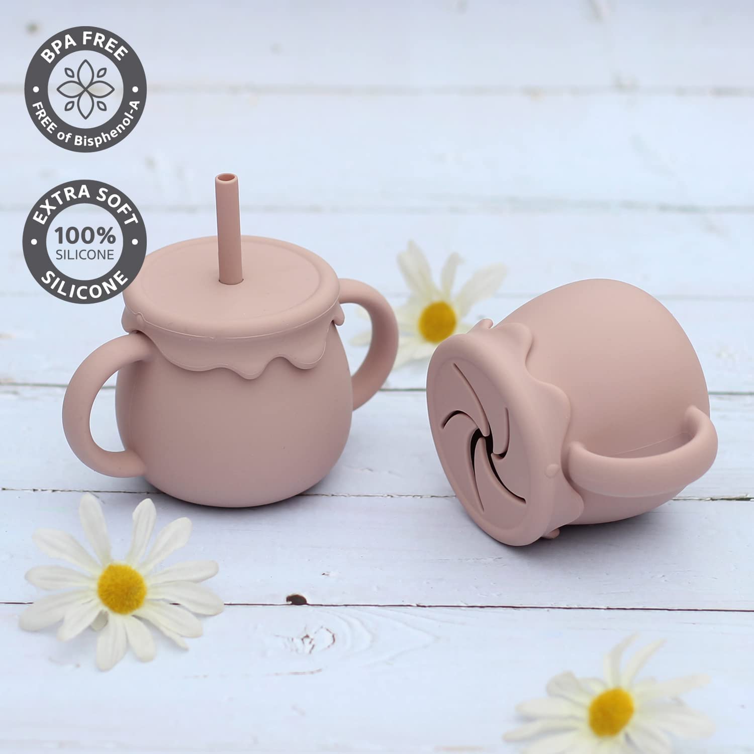 Mom's Aura 2-in-1 Silicone Baby Cups with Straw and Lid for Snacks 8.5 oz Spill-Proof Sippy Cups - Image 3